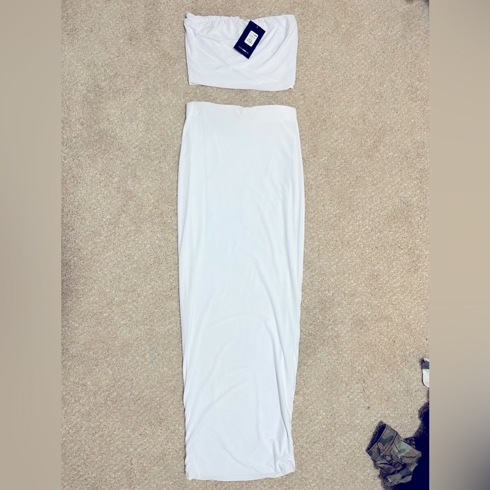 2 piece white crop top skirt set